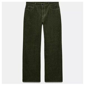 Zara Corduroy Straight Leg Pants Olive Green Womens XL Business Casual Forest